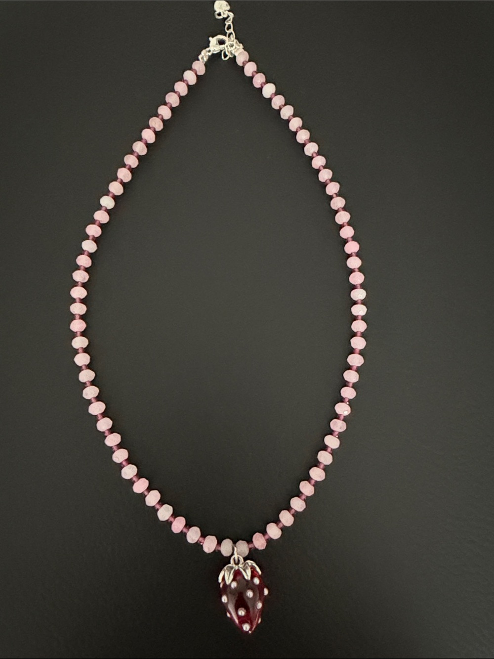 Pink Beaded Necklace with Strawberry Charm